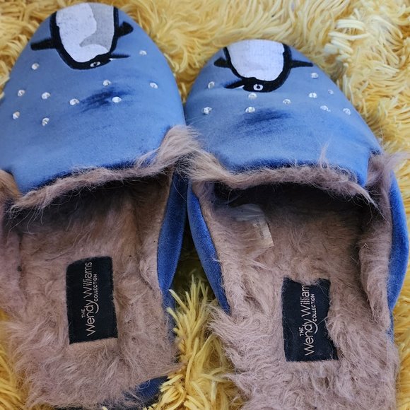 Wendy Williams Penguin Faux Fur Blue Slippers - Picture 2 of 4